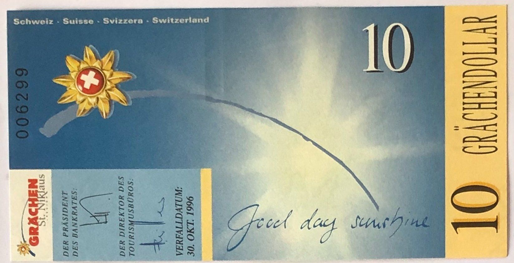 Banconote: Grächendollar 10 Franken-Note 1996 – Nuovo (secondo la descrizione) da Ganterschwil venduto da ganterb 1