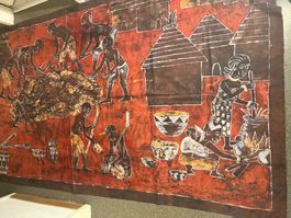 Stoff mit auswendiger Batik, Dorfszene, 120x240 cm