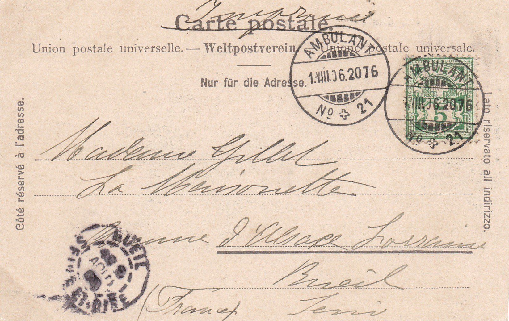 Cartoline postali: AK - Glarner-Unterland - gel. 1.8.1906 – Usato da Fribourg venduto da schnalla92 1