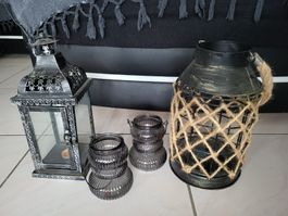 Zwei Laternen und zwei Windlichter aus Glas im Set gebraucht