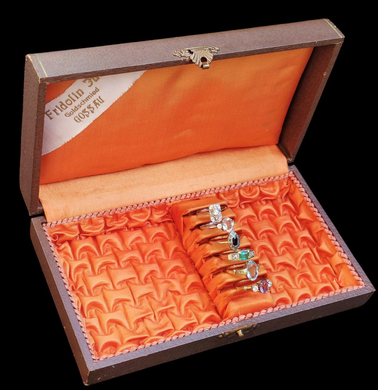 Portagioie: Antike Ringbox Schmuckbox Koffer Braun mit Seide Orange – Usato da schwyz venduto da larry91sz