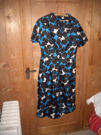 Antikes Kleid Damen kurzarm mit Muster blau/schwarz