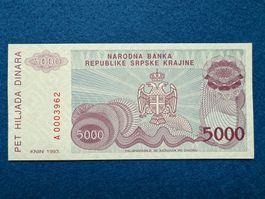Knin 1993 - Republika Srpska Krajina - 5000 Dinara UNC
