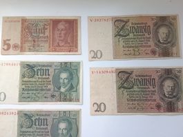 5 Reichsbanknote FÜNF, ZEHN, ZWANZIG, von 1942, 1924, 1929