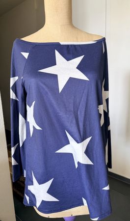 Chic Off-Shoulder Blue Star Print Long Sleeve Top - Size S/M