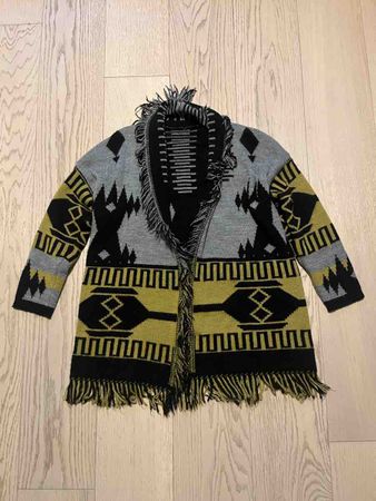 Strickcardigan Jacquard mit Fransen, Ethno-Muster, Große S