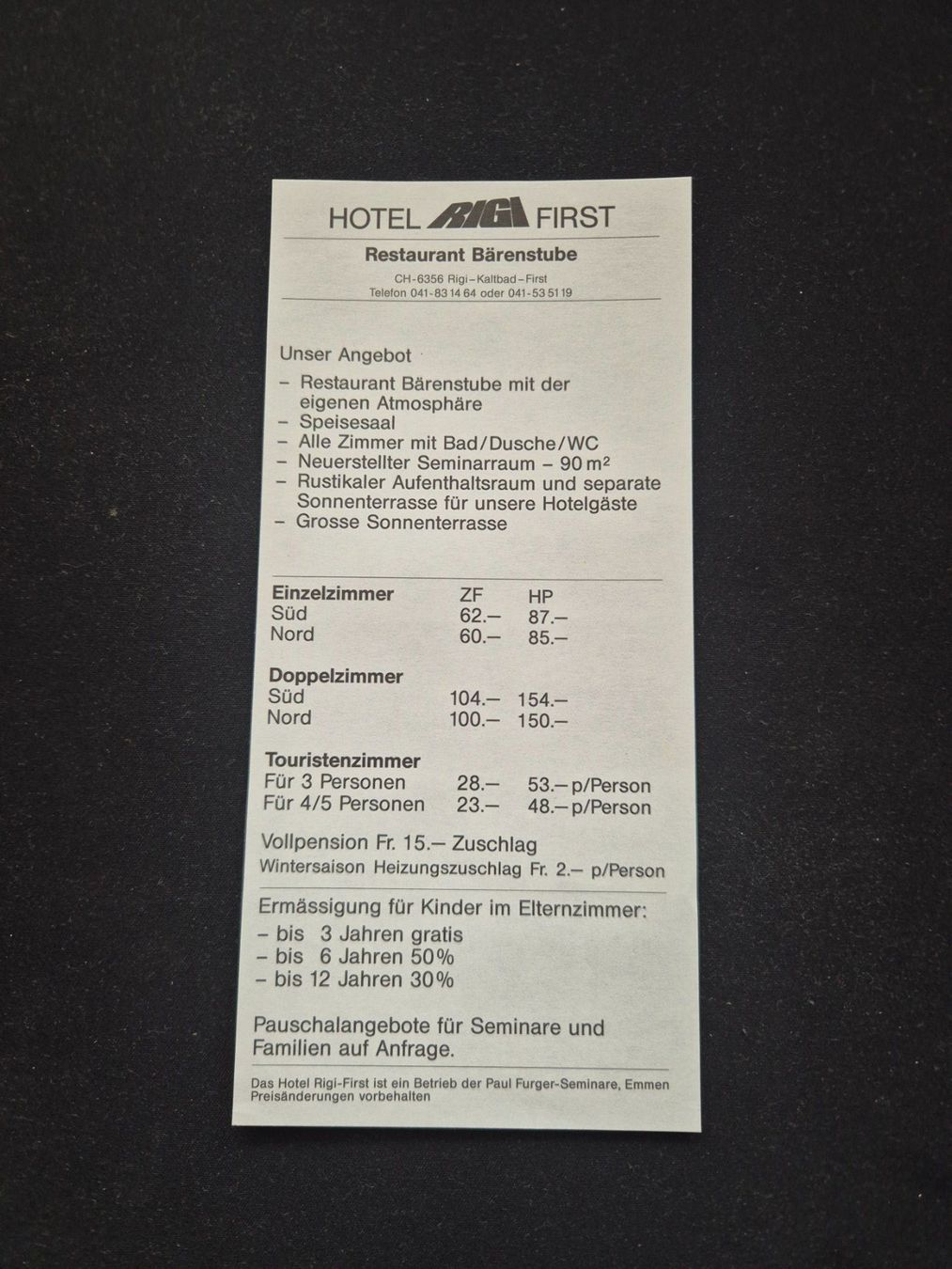 Documenti: Hotel RIGI-First Prospekt Restaurant Bärenstube – Usato da Langendorf venduto da zvonu161 3