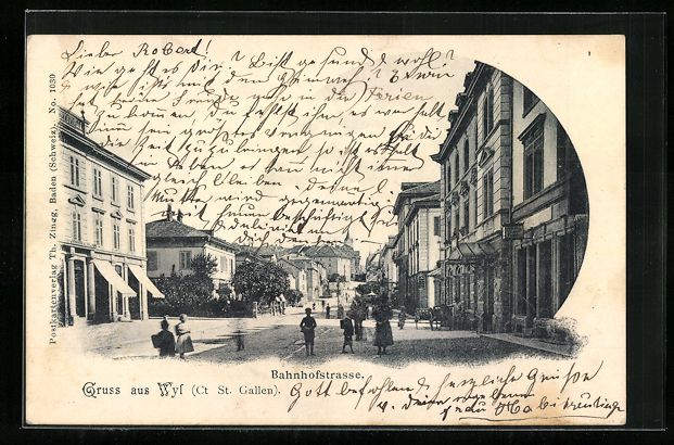 Ansichtskarten: AK Wyl, Bahnhofstrasse mit Passanten – Gebraucht aus Berlin von bartko-reher
