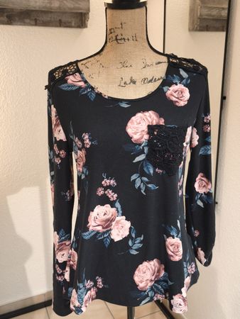 Damen Langarmshirt Chicoree Blumenmuster schwarz Grösse S
