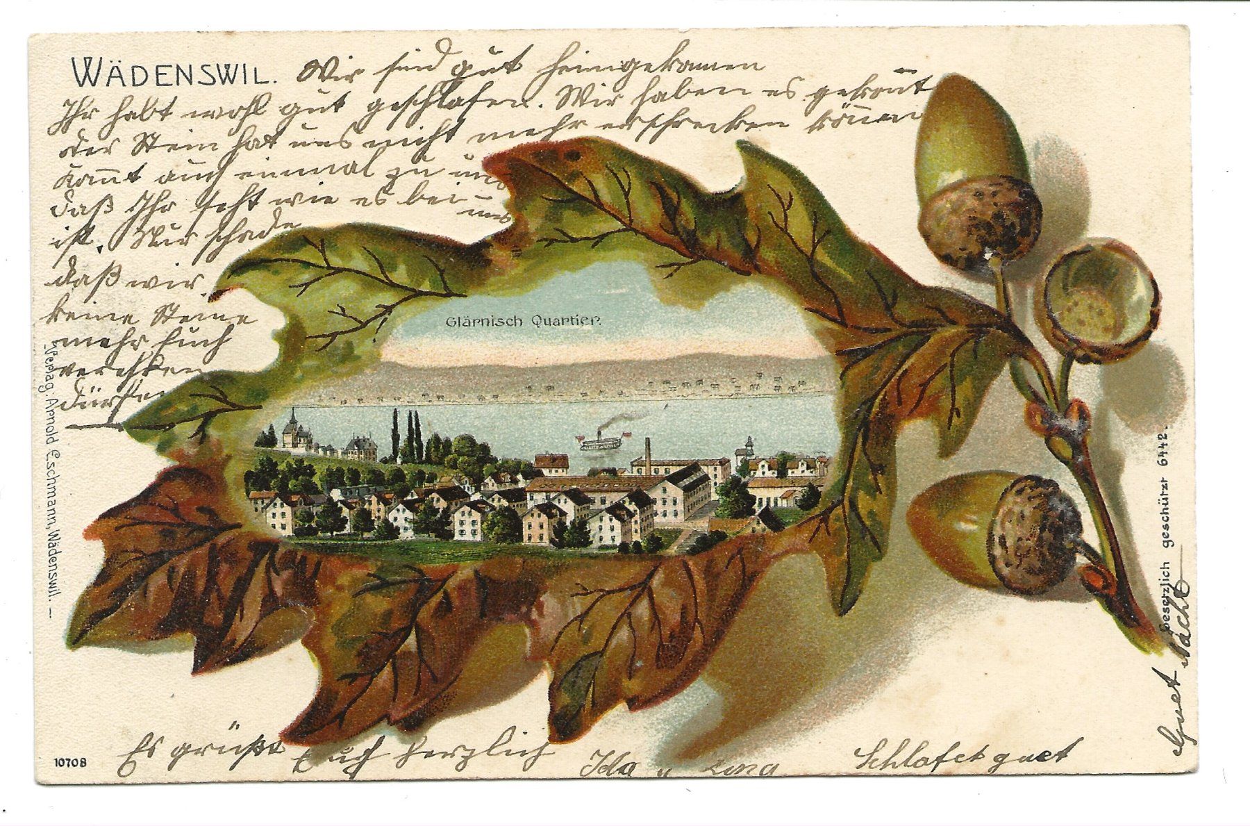 Cartoline postali: Wädenswil (ZH) Glärnisch Quartier - Eichenblatt-Litho - 1906 – Usato da Engelburg venduto da Cartophil