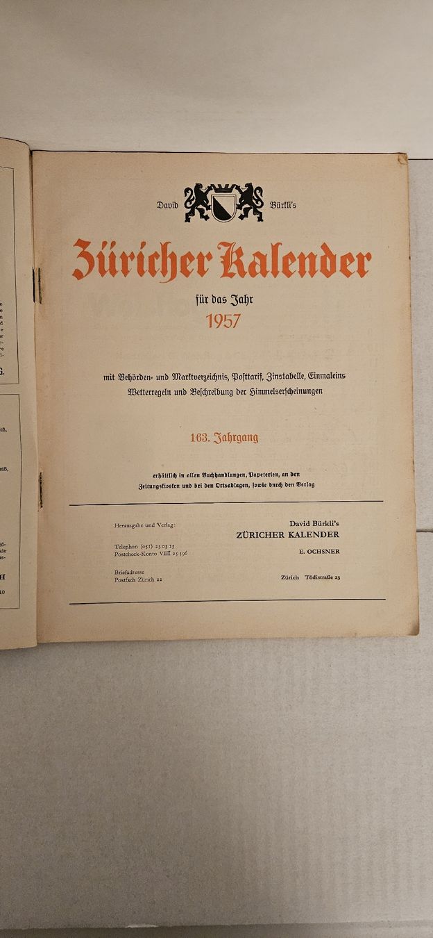 Calendari: Zürcher Kalender 1957 – Usato da Wangen SZ venduto da Auction-Sea 1