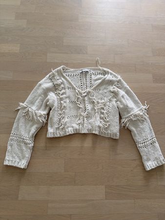 Boho Strick-Crop-Pullover Beige Gr. M – Fransen | Festival &