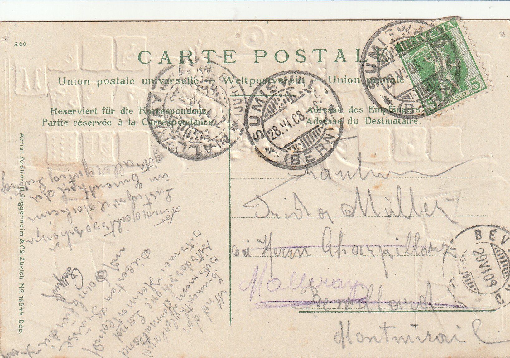 Cartoline postali: Alte Ansichtskarte Sumiswald mit Wappen & Briefmarken 1906 – Usato da Rupperswil venduto da Ema10 1