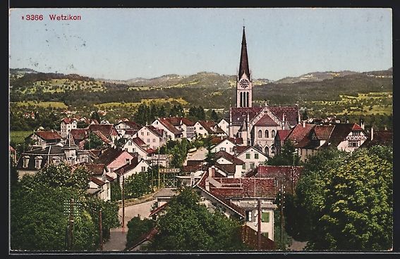 Cartoline postali: AK Wetzikon, Totale mit Kirche, 1918 – Usato da Berlin venduto da bartko-reher