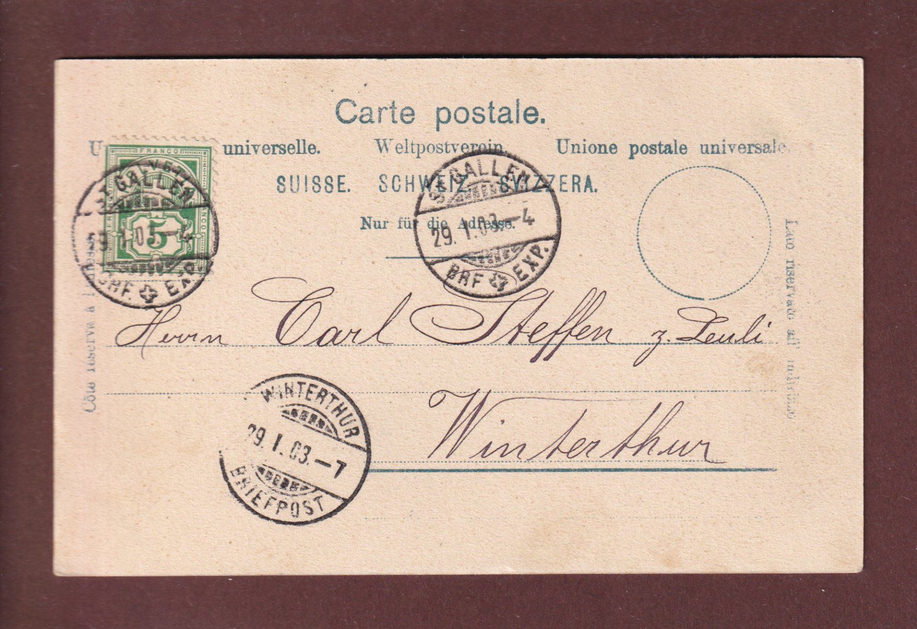Cartoline postali: ST. GALLEN im Winter - 1903 – Usato da Pully venduto da nicecards 1