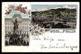 Lithographie St. Gallen, Ortsansicht mit Säntisgebirge und M