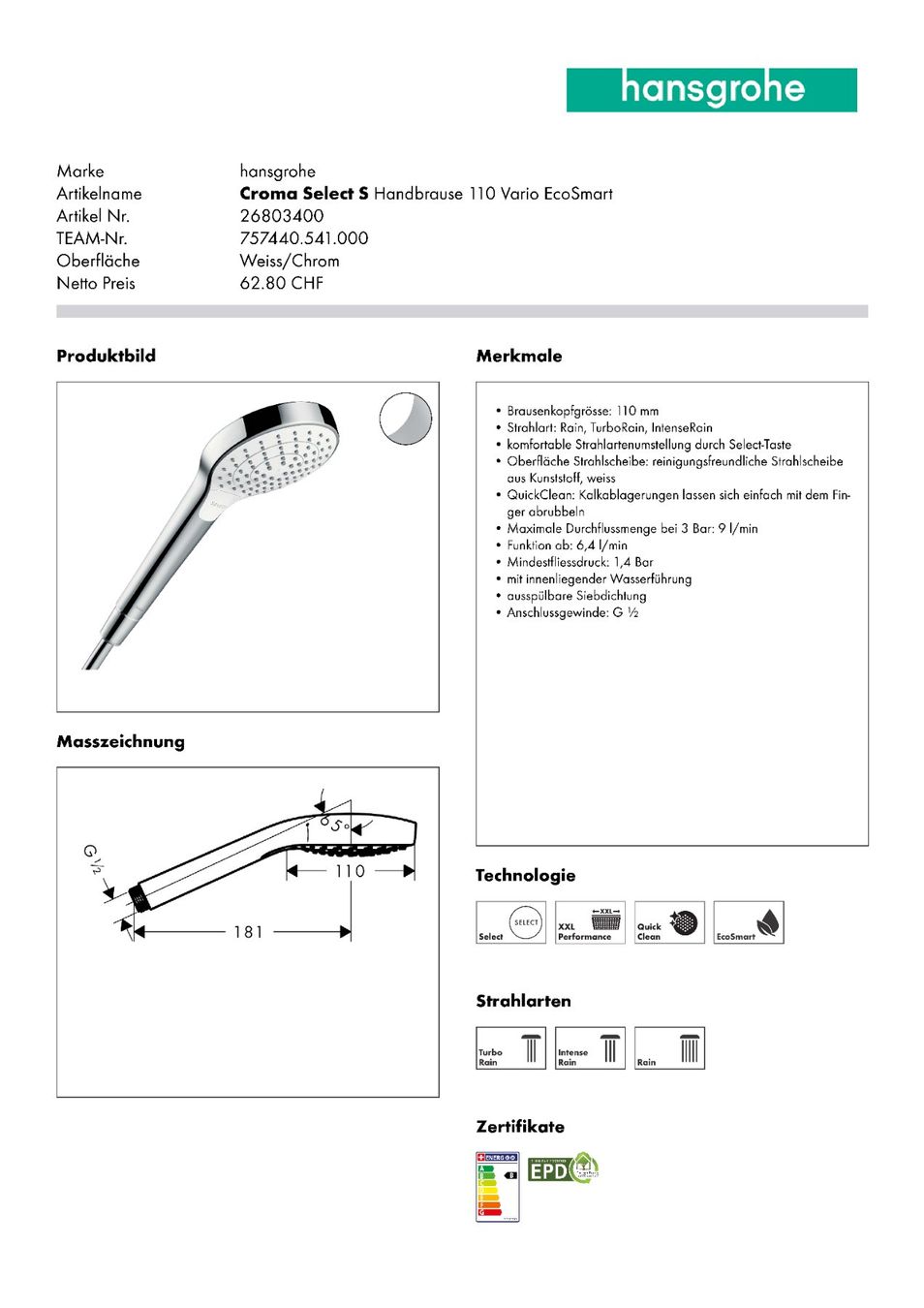 Hansgrohe Soffioni doccia: Handbrause CROMA SELECT S VARIO, Quick Clean, D 11 cm – Nuovo e nell'imballaggio originale da Hochfelden venduto da mar_bz97 1