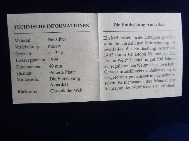 Medaglie: Chronik der Welt - Entdeckung Amerika PP – Nuovo e nell'imballaggio originale da Luzern venduto da Horoskop1 3