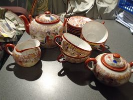 Teeservice Chinesisch, orange, farbige Bilder