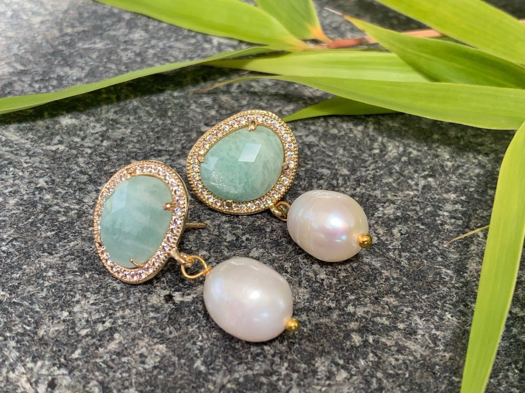 Orecchini pendenti & Orecchini a lobo: Traumhaft schöne Ohrhänger Perle Amazonit & echte Perle – Nuovo (secondo la descrizione) da Rombach venduto da Ivreajewels 2