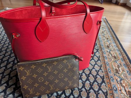 Louis Vuitton Red Epi Leather Neverfull Bag + Pouch