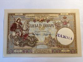 Banknote 1000 Dinara 1920 Jugoslawien UNC falsch