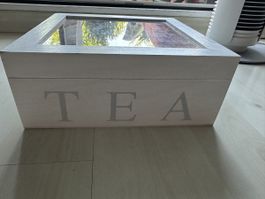 Holz Teebox mit 9 Fächern und Deckel Glas weiss