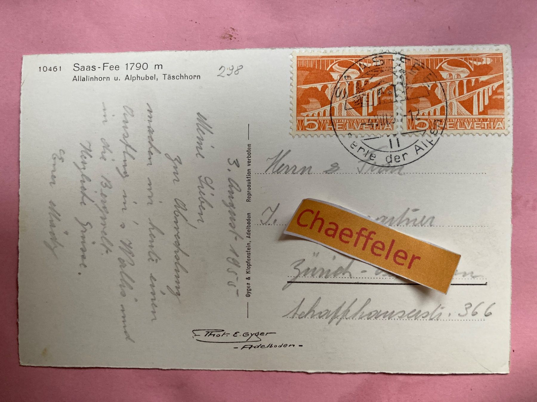Cartoline postali: 1955 Saas-Fee, Allalinhorn u. Alphubel, Täschhorn. – Usato da Zürich venduto da Chaeffeler 1