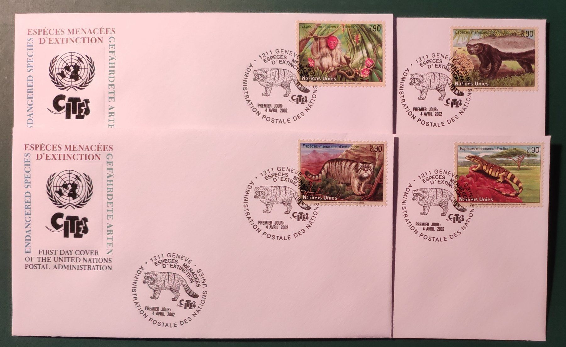 Tutti i francobolli: UNO 4 FDC GENEVE Gefährdete Tierarten – Usato da Volketswil venduto da Spacepanda