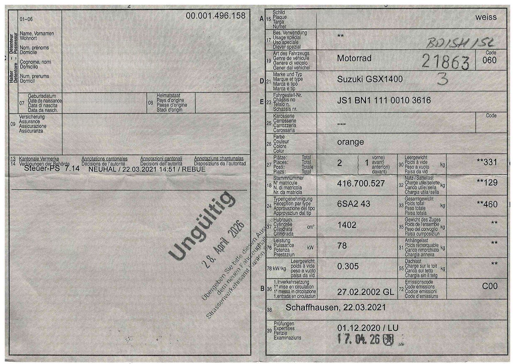 Suzuki Route: Suzuki GSX1400 – D'occasion à Winterthur par MCW 9