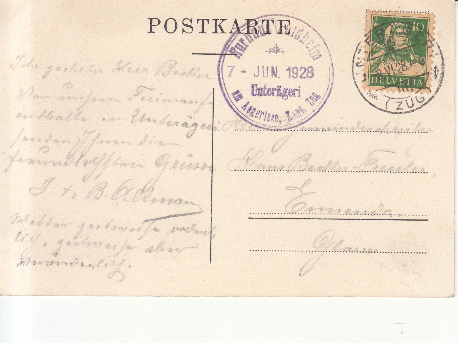 Ansichtskarten: Unterägeri Waldheim 1928 – Gebraucht aus Bürglen TG von StampGraf 1