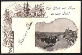 Litho Thun, Ortsansicht am Fluss, Alpen-