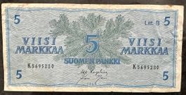 Finnland 5 Markkaa Geldschein 1963, Rarität!