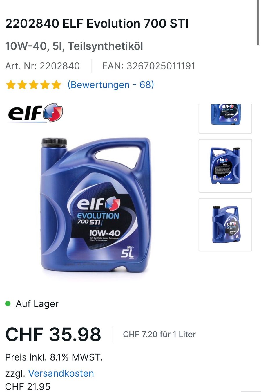 Oli & Additivi: 5 Liter Motoröl 10W40 elf evolution – Nuovo e nell'imballaggio originale da Hittnau venduto da Oracel
