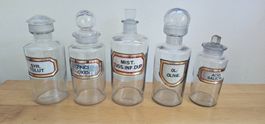 Alte Apothekerflaschen, 5 Stk., Glas, Beschriftet Vintage