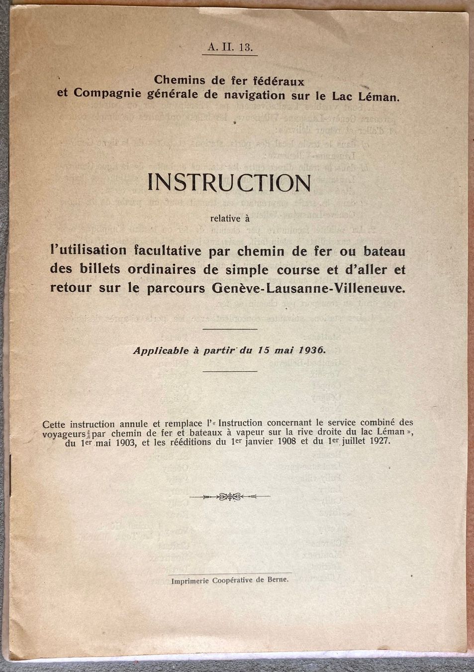 SBB/CFF/FFS Documenti: CFF - Instruction utilisation des billets bateau/train -1936 – Usato da Versoix venduto da Decapod