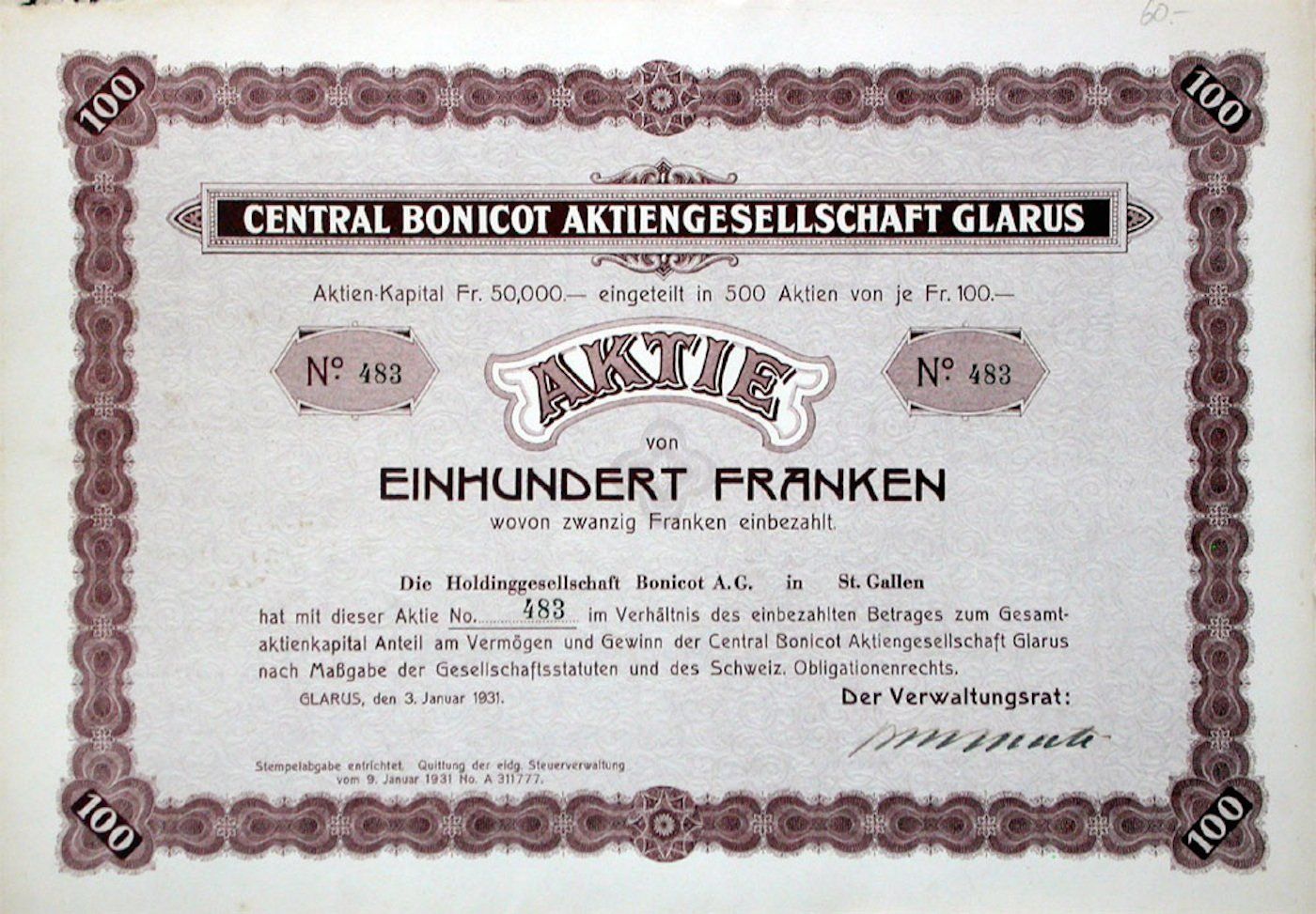 Dokumente: Central Bonicot AG, Glarus - 1931 – Gebraucht aus Solothurn von Sgasche