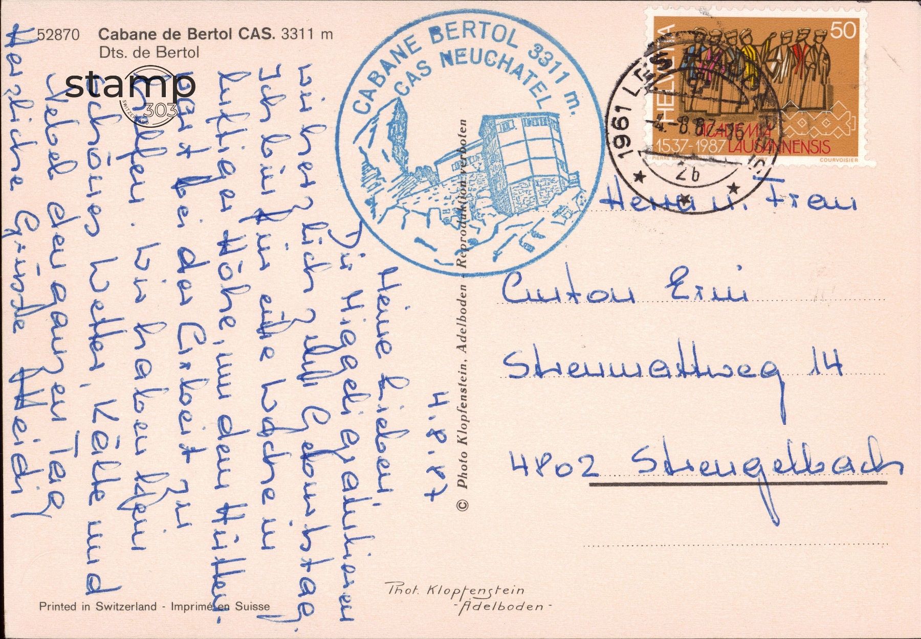 Cartoline postali: 1987 AK Cabane de Bertol CAS _ Neuchatel – Usato da Eggersriet venduto da stamp303 1