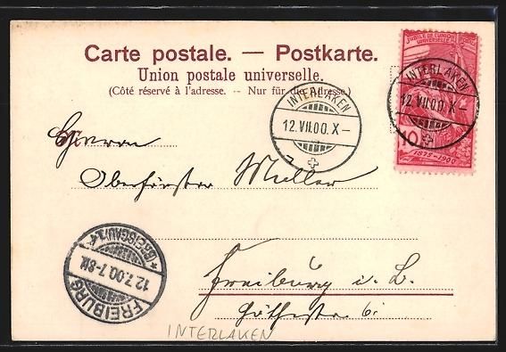 Cartoline postali: Litho Interlaken, Ortspartie mit Bergen – Usato da Berlin venduto da bartko-reher 1