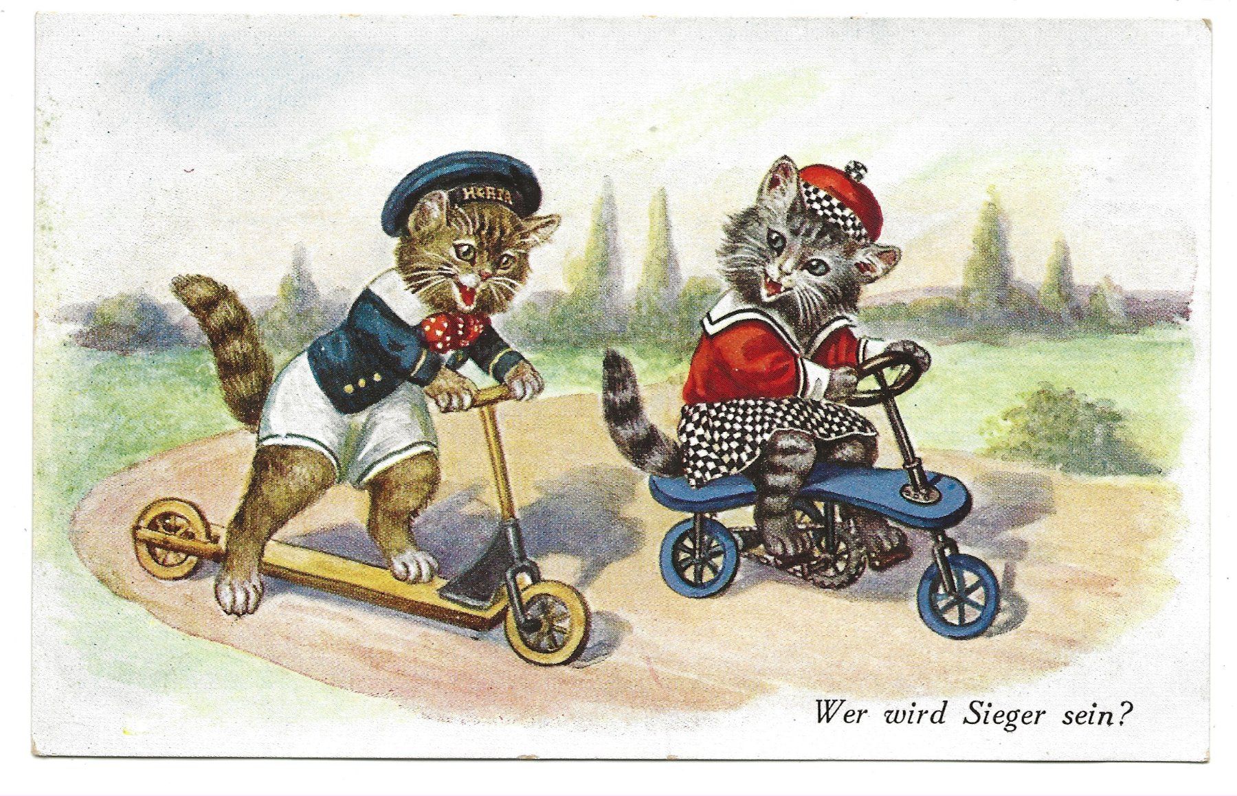 Cartoline postali: Katzenkarte - Trotinett - Kindervelo  Wer wird Sieger sein ? – Usato da Engelburg venduto da Cartophil