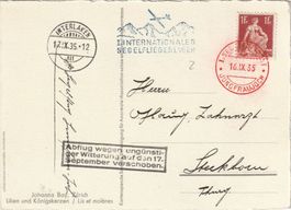 1935, Karte von der 1. Jungfrau Segelflugpost, mit Einzelfr.
