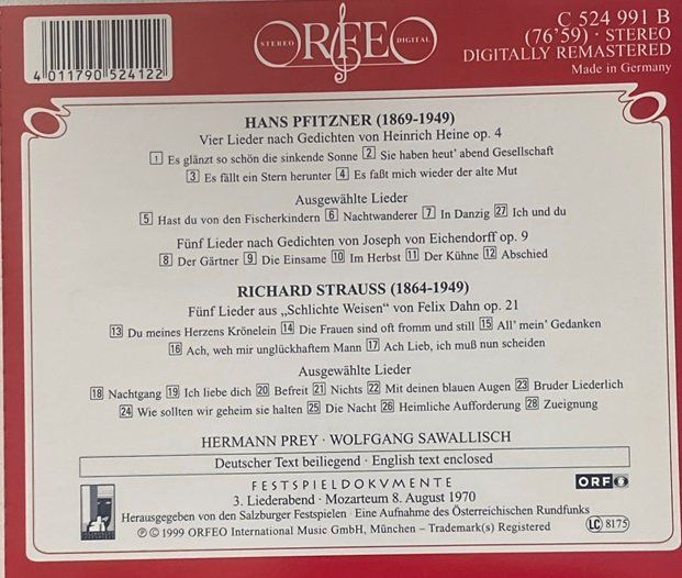 CDs: Hermann Prey - Pfitzner/R. Strauss - Lieder – Gebraucht aus Grüningen von azulamarillo 1