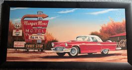 Route 66 Bild mit rotem Thunderbird im Rahmen, Retro