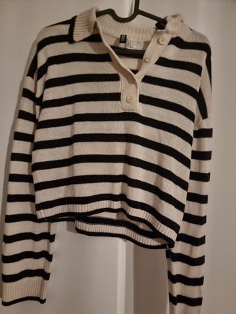 H&M Strickpullover, gestreift, Beige/Schwarz