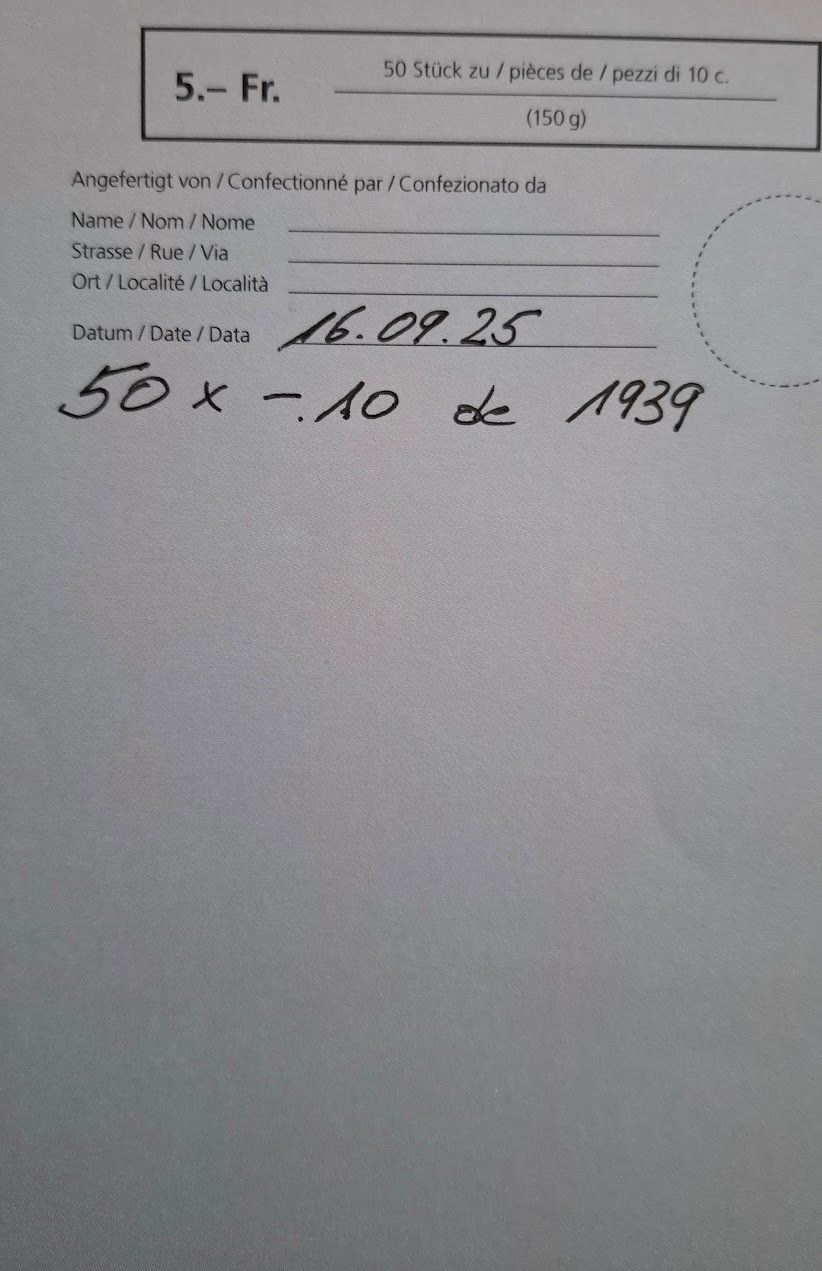 Tutti le monete: CHF 0.10 1939 s / SS++ / VZ  50 pièces – Usato da Fribourg venduto da Kiki020 1