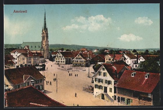 Ansichtskarten: Amriswil, Kirche und Geschäfte am Markt – Gebraucht aus Berlin von bartko-reher