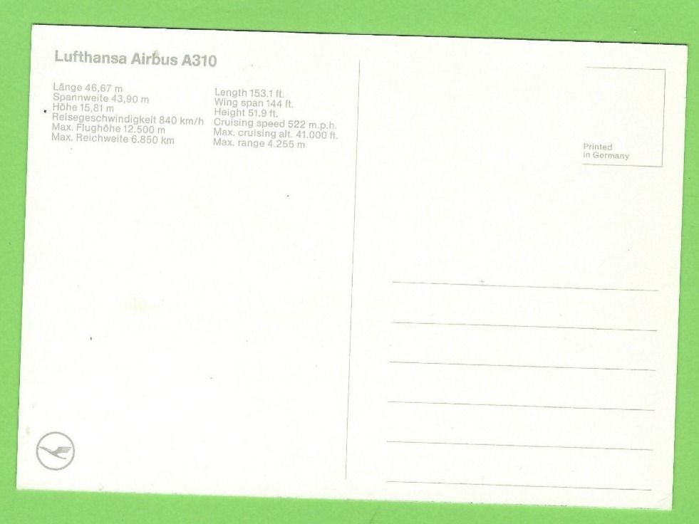 Cartoline postali: Lufthansa Airbus A310 – Nuovo (secondo la descrizione) da Zürich venduto da t24_de 1