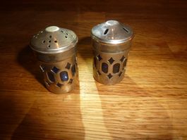 Gewürz Streuer Set Salz u Pfeffer Glas Blau silbern UK Eng.