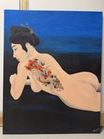 Original Geisha Painting with Dragon Tattoo Art 100 x 80 cm