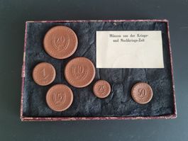 6 x Meissen Porzellan Münzen, Sachsen/Freiberg, Notgeld 1921